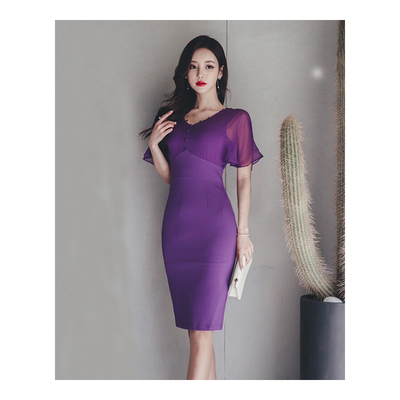 2018夏季新款韩版时尚气质V领修身显瘦包臀连衣裙女中长款礼服裙紫色