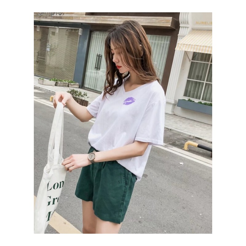 香芋紫色短袖V领T恤女夏2018新款韩版宽松半袖欧货纯棉体恤上衣潮白色均码