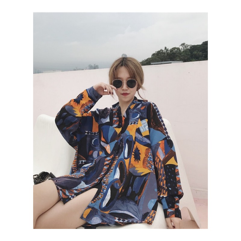 夏季新款水墨几何印花衬衫女长袖宽松中长款防晒衣衬衣上衣外套潮 图片色 均码