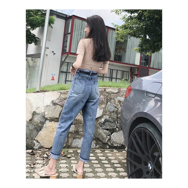 复古高腰牛仔裤女chic港味修身直筒裤2018夏秋宽松学生百搭九分裤蓝色
