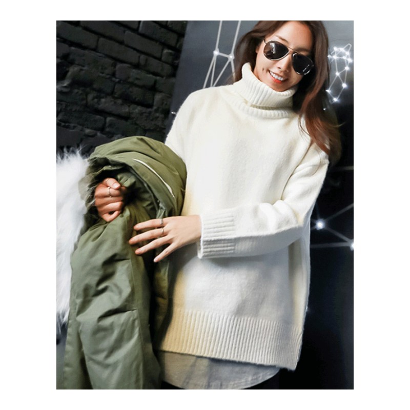 2018春秋装女款韩版宽松加厚长袖白色中长款高领套头毛衣女针织衫