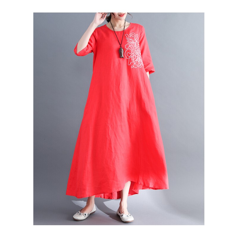 2018夏新款韩版棉麻大码女装宽松过膝长款绣花短袖连衣裙