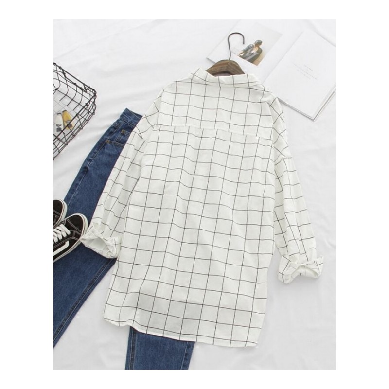 韩版范学生格子衬衫女长袖2018春夏季装新款宽松百搭防晒衣外套薄 白色 均码