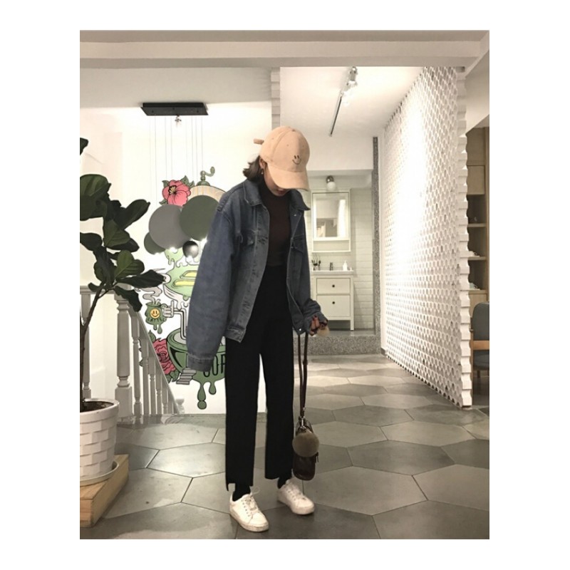春装韩国女装宽松显瘦直筒裤西装裤子百搭高腰斜切边九分裤休闲裤黑色