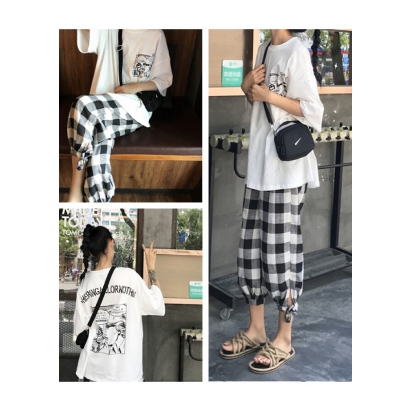夏季女装港味宽松卡通原宿风短袖T恤显瘦白色上衣+格子束脚休闲裤白色