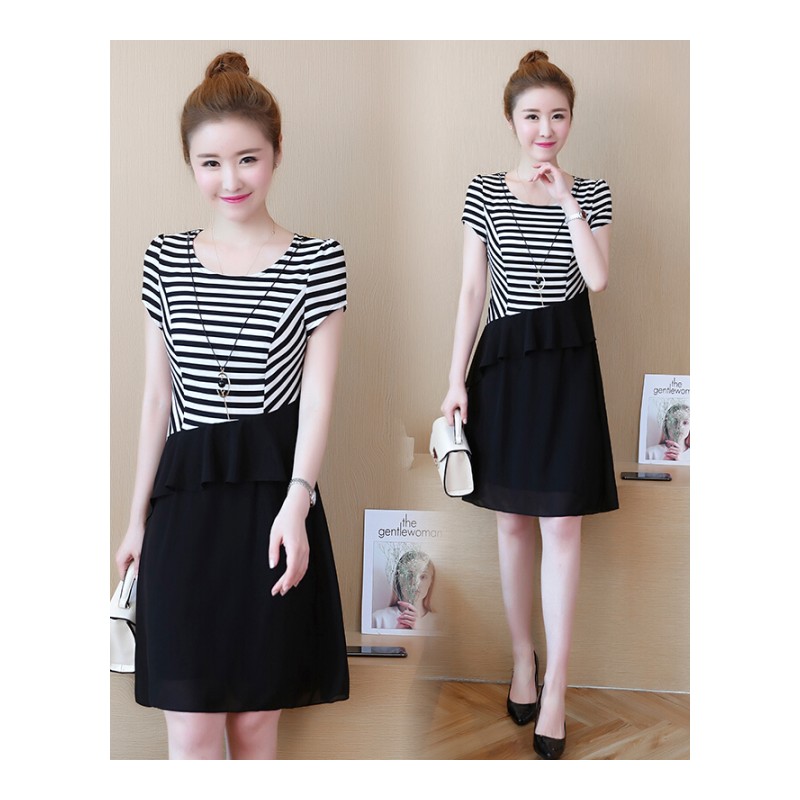 胖妹妹大码女装夏微胖mm200斤条纹遮肚子藏肉雪纺连衣裙减龄洋气图片色L90-110斤