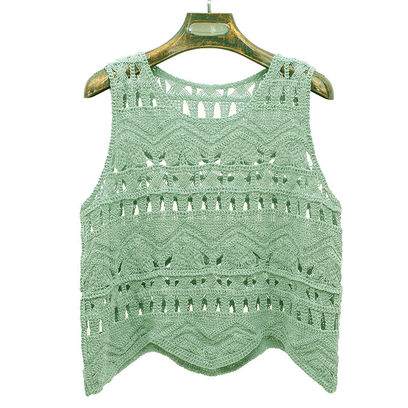 夏新镂空钩花带背心女外穿内搭显瘦上衣无袖针织宽松打底罩衫潮蓝色均码