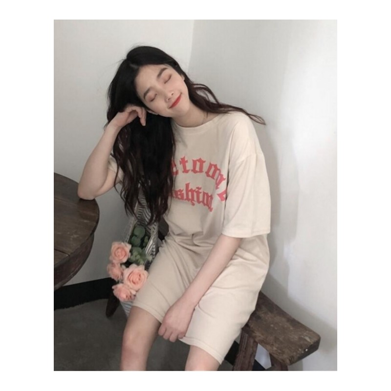 韩范宽松佛系少女衣服中长款短袖T恤2018夏季粉色hiphop上衣学生杏色均码