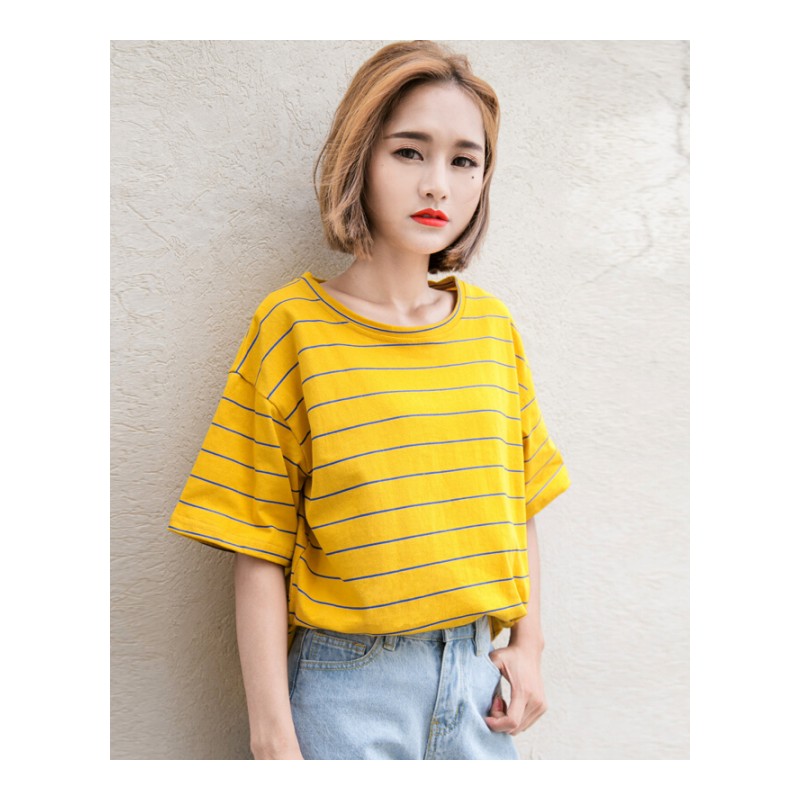 宽松黄色条纹T恤女夏短袖2018新款韩版学生百搭棉质打底上衣黄色