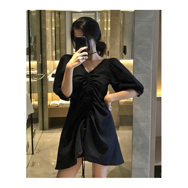 复古时尚V领灯笼短袖连衣裙女装夏季韩版中长款宽松收腰休闲裙子灰色均码