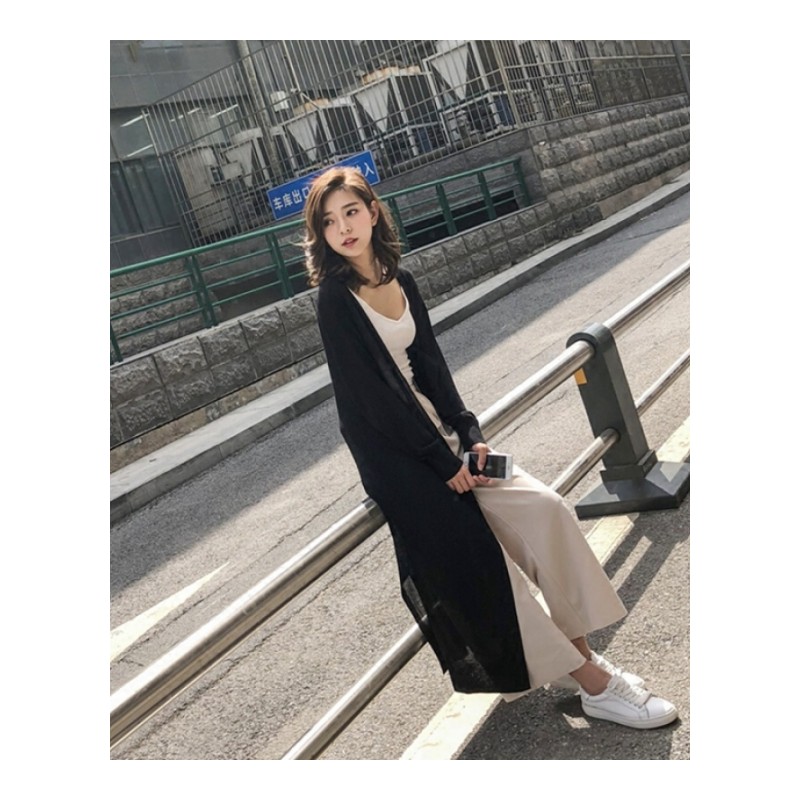 夏季chic新款韩版冰丝轻薄中长款开衫纯色慵懒开叉针织衫防晒衣女杏色(送礼品)