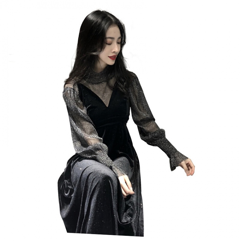 复古温柔风带ins超火裙子春装2018新款女chic两件套连衣裙韩版黑色