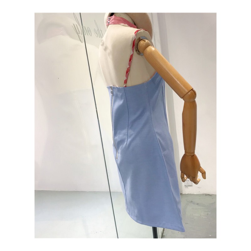 2018夏季新款韩版学院风削肩撞色圆领带裙女高腰修身气质连衣裙图片色