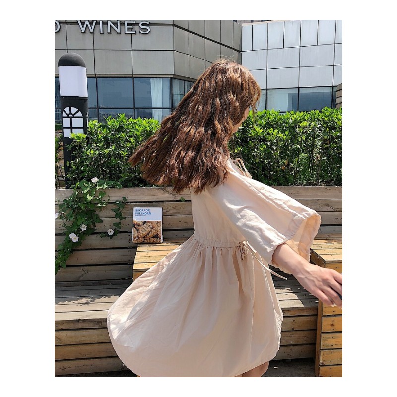 夏季女装韩版中长款气质小清新纯色宽松系带五分袖连衣裙显瘦长裙杏色均码