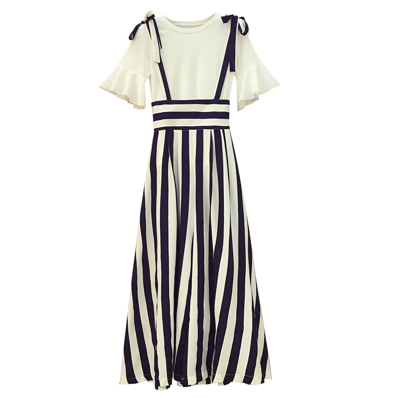 加大码女装胖mm爱洋气显瘦上衣T恤带条纹阔腿裤两件套装200斤蓝色