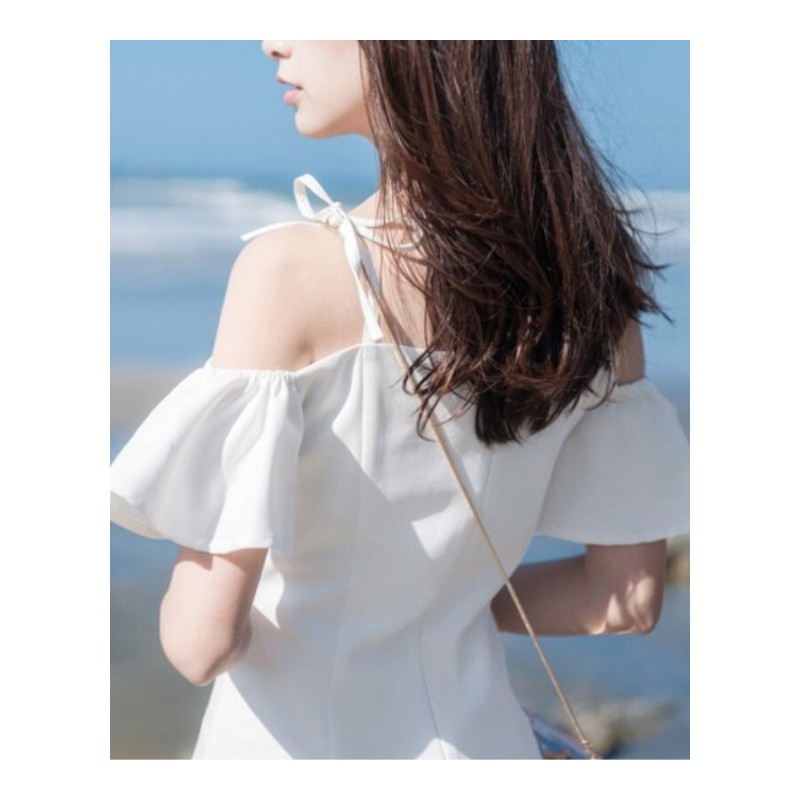 2018夏季新款女装蝴蝶结喇叭袖带裙小礼服甜美一字肩露肩连衣裙白色
