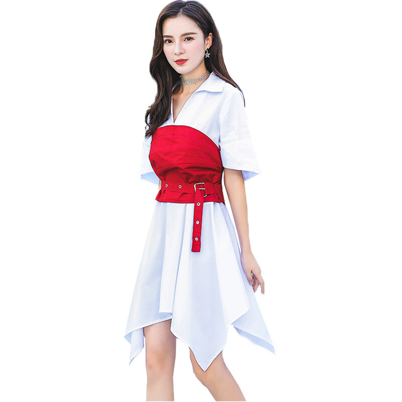 裙子夏女2018新款名媛气质中长款不规则白色短袖腰封衬衫连衣裙潮红色扣子版
