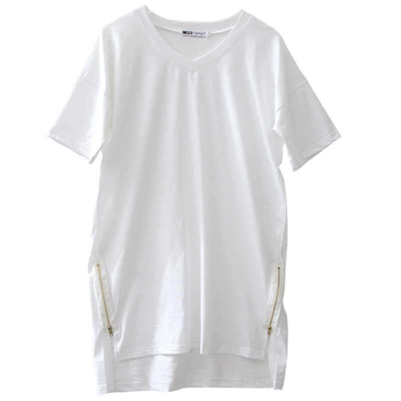 竹节棉T恤女短袖中长款开叉裙纯棉纯色体恤宽松大码百搭V领打底衫