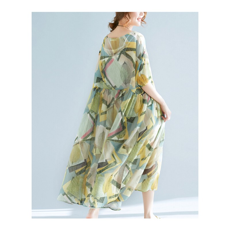 大码女装文艺夏装胖mm两件套装宽松显瘦高腰雪纺连衣裙飘逸大摆裙 浅绿色[加带] 均码[建议110-230斤]