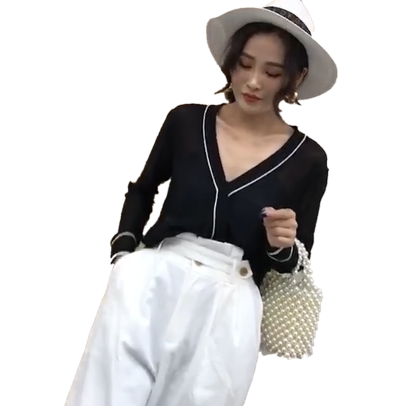 韩2018夏季宽松V领拼色条纹长袖薄款冰丝针织衫女防晒开衫空衫白色均码