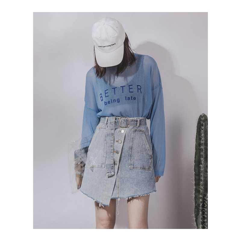 高腰不对称单排扣A字牛仔短裙女时尚百搭显瘦包臀半身裙夏配腰带浅蓝色