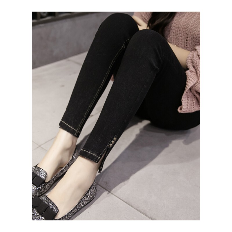 打底裤女外穿2018韩版新款时尚铆钉开叉小脚长裤弹力显瘦女裤黑色