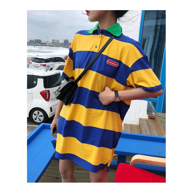 夏装2018新款韩版polo衫嘻哈ins上衣下衣失踪中长款条纹短袖T恤女 黄蓝条纹 均码