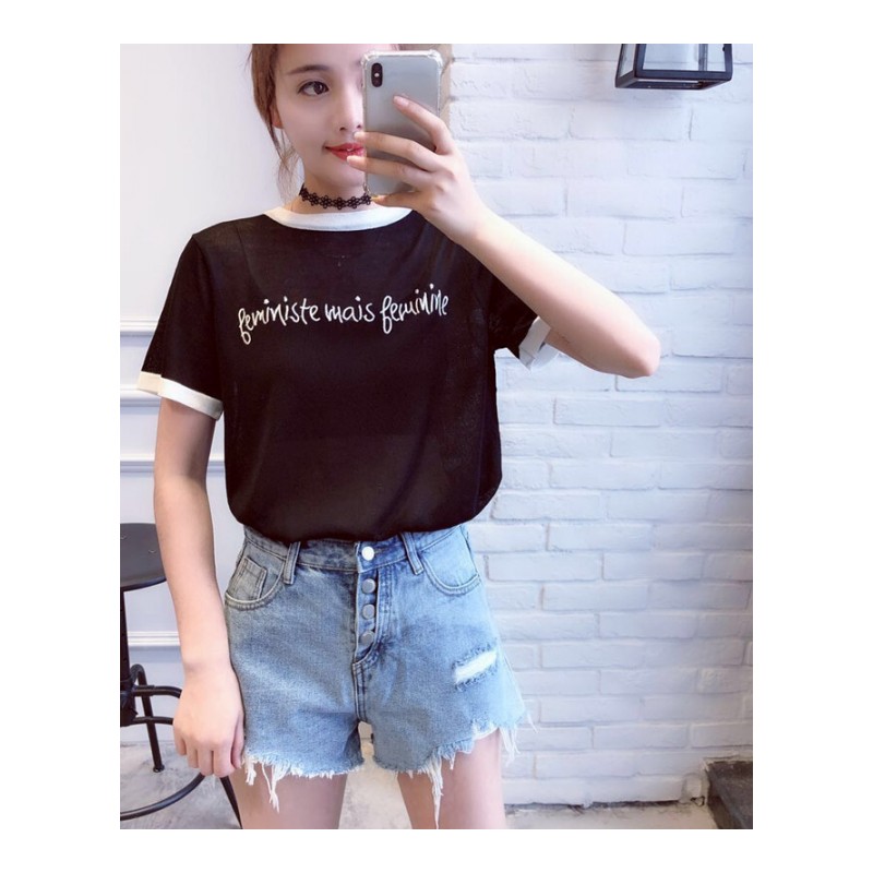 韩版冰丝上衣女2018夏季新款圆领字母拼色宽松显瘦薄款短袖针织衫白色均码
