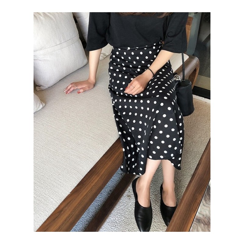 大码女装半身裙2018夏款胖mm高腰宽松显瘦中长裙波点鱼尾裙200斤黑色