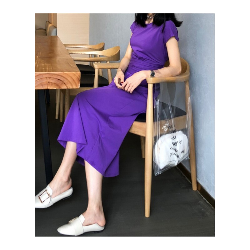韩版百搭夏季2018新款女长款系带短袖修身显瘦小心机漏背连衣裙潮紫色均码