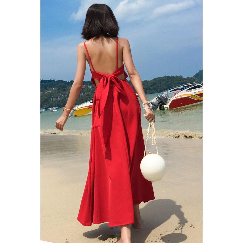 红色长裙2018新款女夏小心机漏后背泰国露背连衣裙海边度假沙滩裙