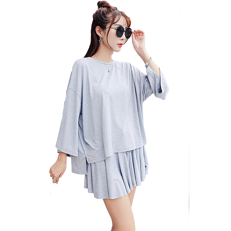 新品宽松圆领薄款擦肩袖不规则前短后长套头显瘦纯色针织衫上衣女黑色(套装)均码