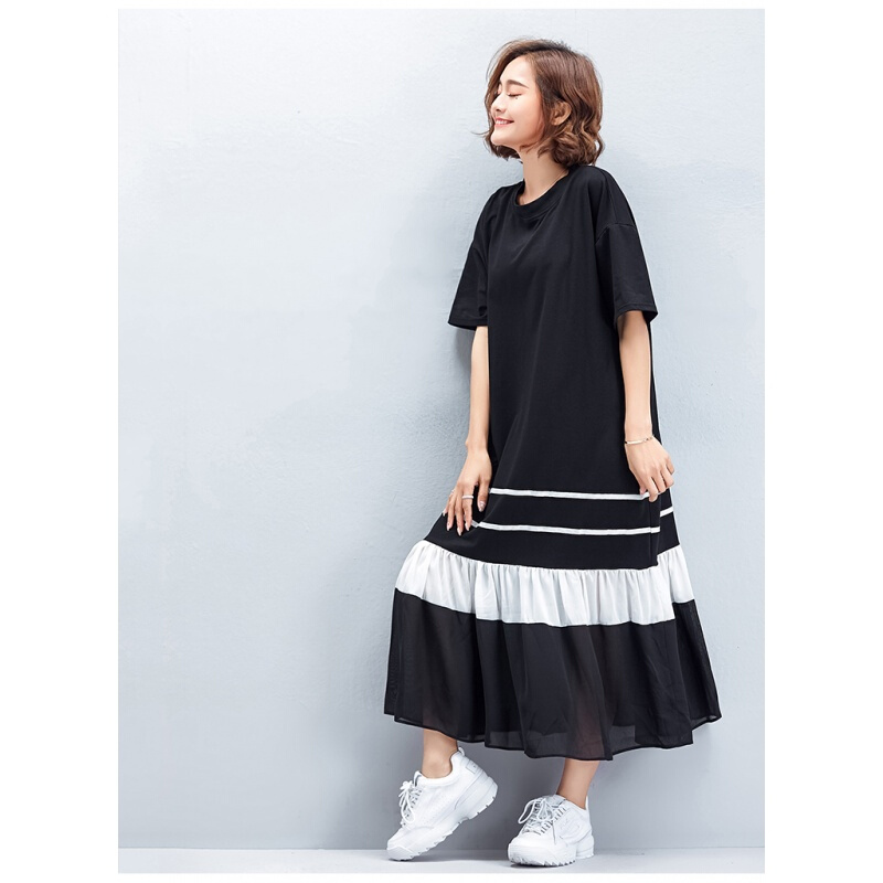 小清新大码女装胖MM2018夏新款200斤鱼尾长裙显瘦遮肚拼色连衣裙