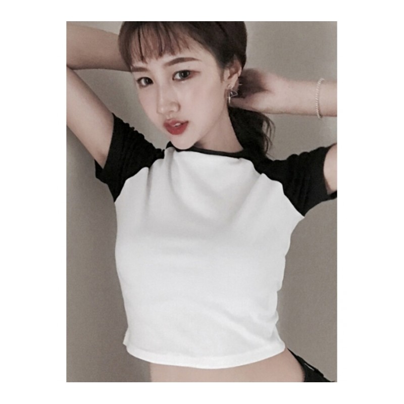 短袖纯棉T恤女夏装露脐短款学生高腰上衣黑白色拼接漏肚脐打底衫白色