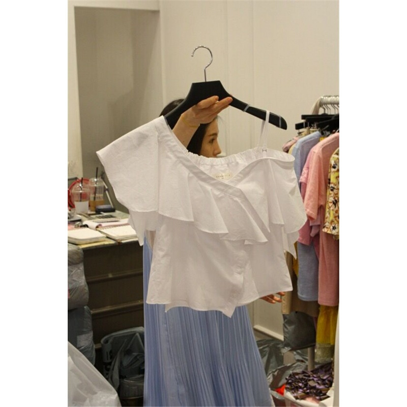 2018夏装新款时尚韩版纯色一字领露肩带背心女荷叶边上衣潮1972白色