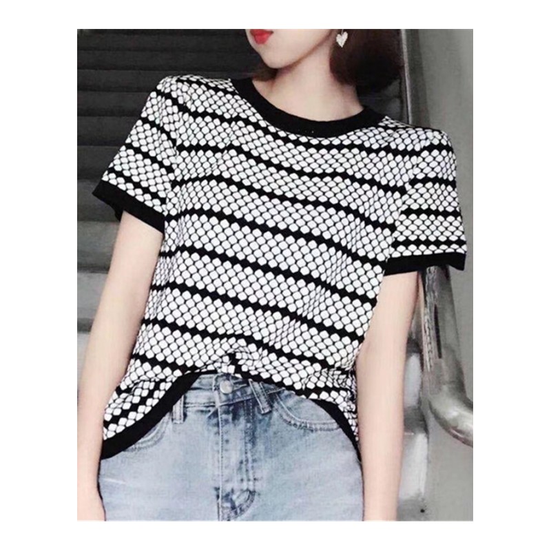 韩版新款女装圆领拼色时尚几何图形彩色菱形格宽松短袖冰丝针织衫红色均码