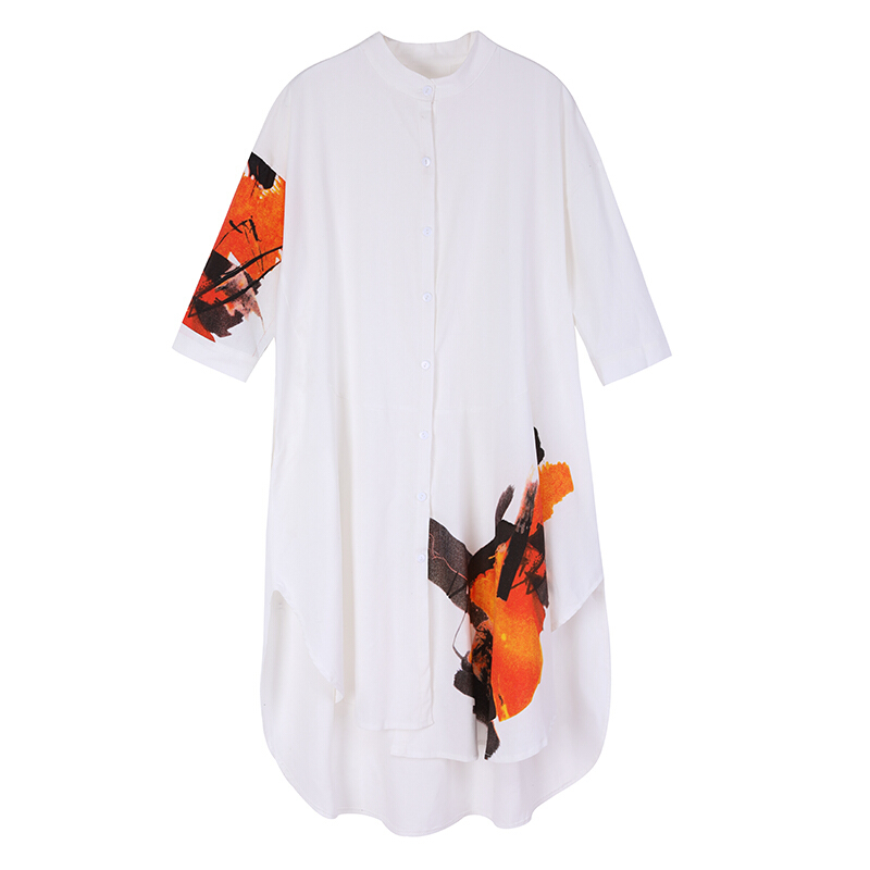 不规则A字五分袖2018夏季新款上衣棉麻印花立领宽松大码女装衬衫 图片色 大码均[100-160斤]