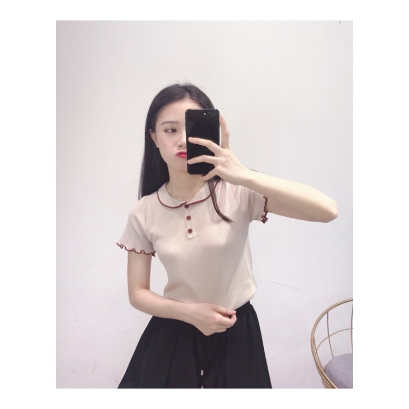 2018韩版夏装娃娃领短袖针织上衣女甜美荷叶边冰丝T恤薄毛衣ins白色均码