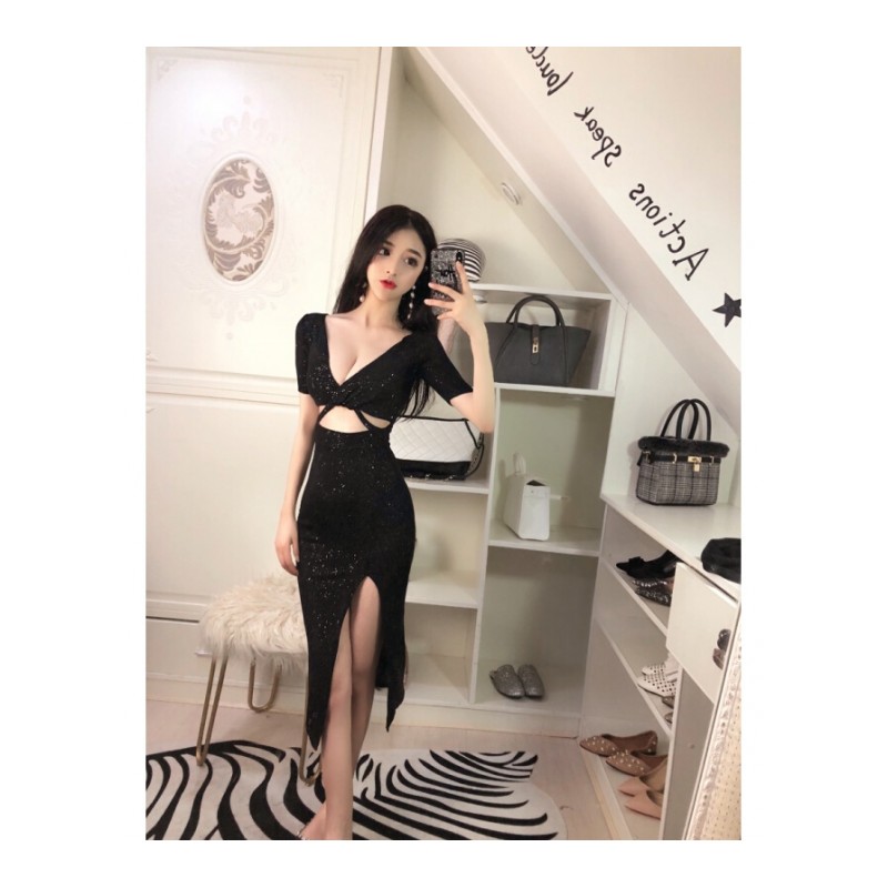 夜场女装性感连衣裙女夏2018新款夜店露低胸显瘦包臀长款开叉礼服黑色
