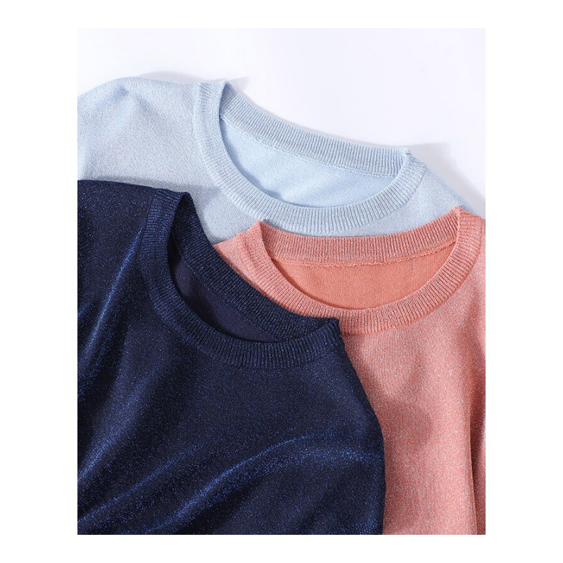 2018夏季新款简约宽松圆领套头收腰短袖薄亮冰丝针织衫上衣T恤女桔粉色偏大,拍小一码