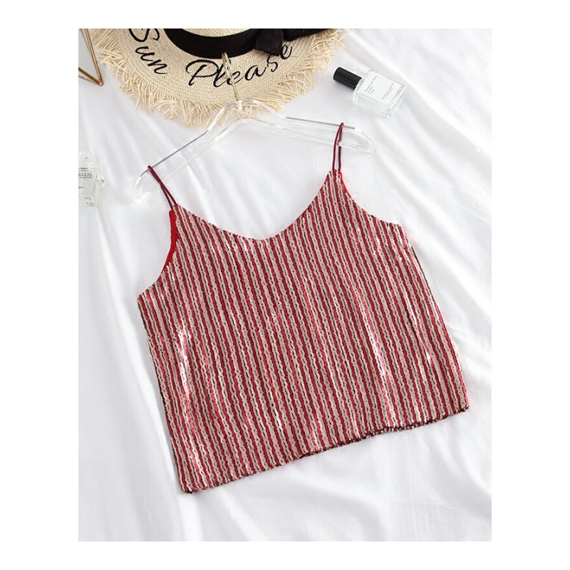 2018夏季新款短款性感亮片小带外穿蹦迪原宿背心女外搭夜店上衣杏色均码