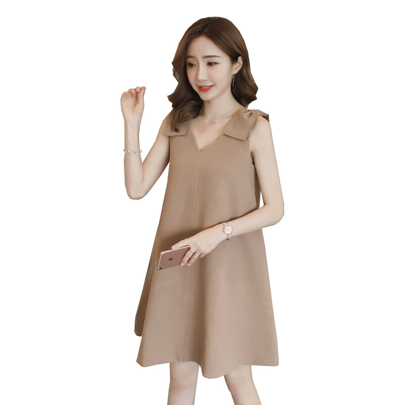 2018夏装新款韩版宽松显瘦中长款时尚气质蝴蝶结a字无袖连衣裙女驼色