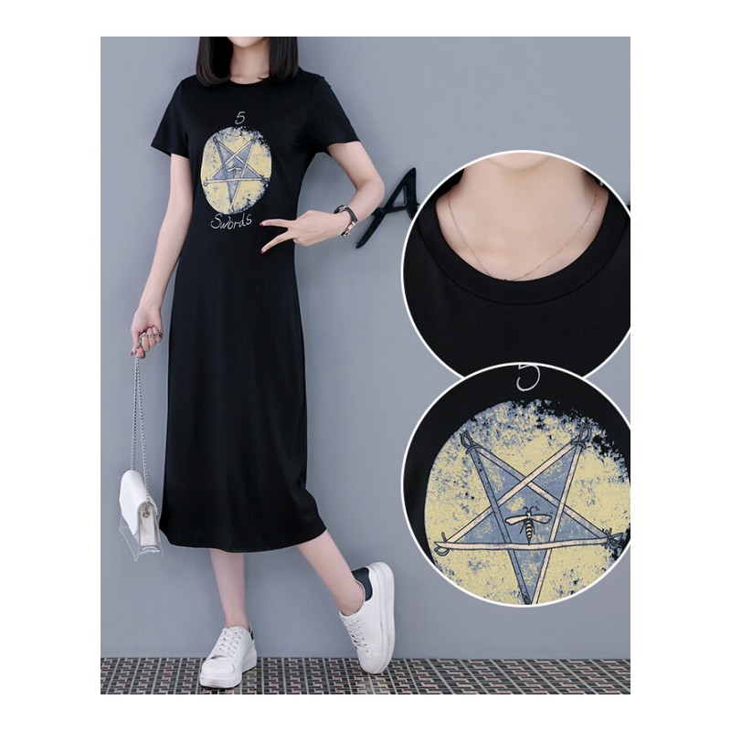 休闲短袖T恤裙女2018夏季新款宽松显瘦印花长款连衣裙过膝长裙潮黑色