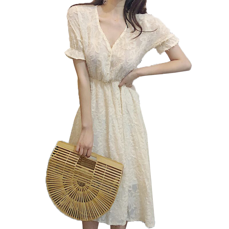 夏装2018新款温柔仙女裙收腰显瘦港味复古少女心冷淡风初恋连衣裙 杏色 均码