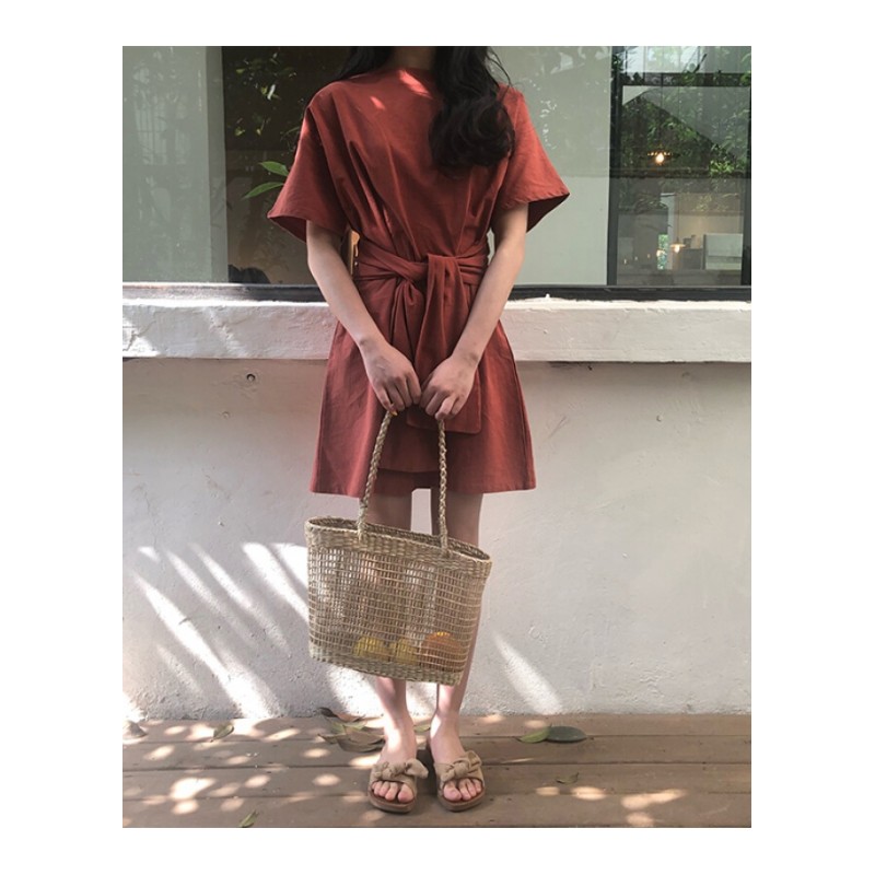 裙子女夏2018新款韩版百搭黑色系带高腰连衣裙学生chic小黑裙短裙桔红色均码