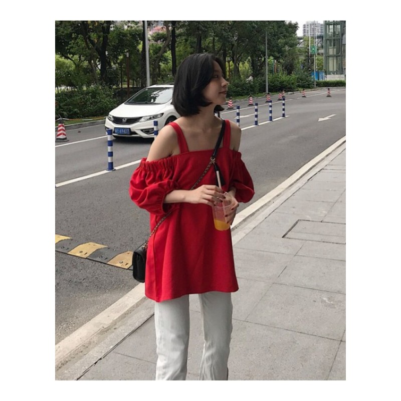 2018夏季新款韩版带漏肩泡泡袖娃娃衫上衣宽松中长款衬衫女红色均码