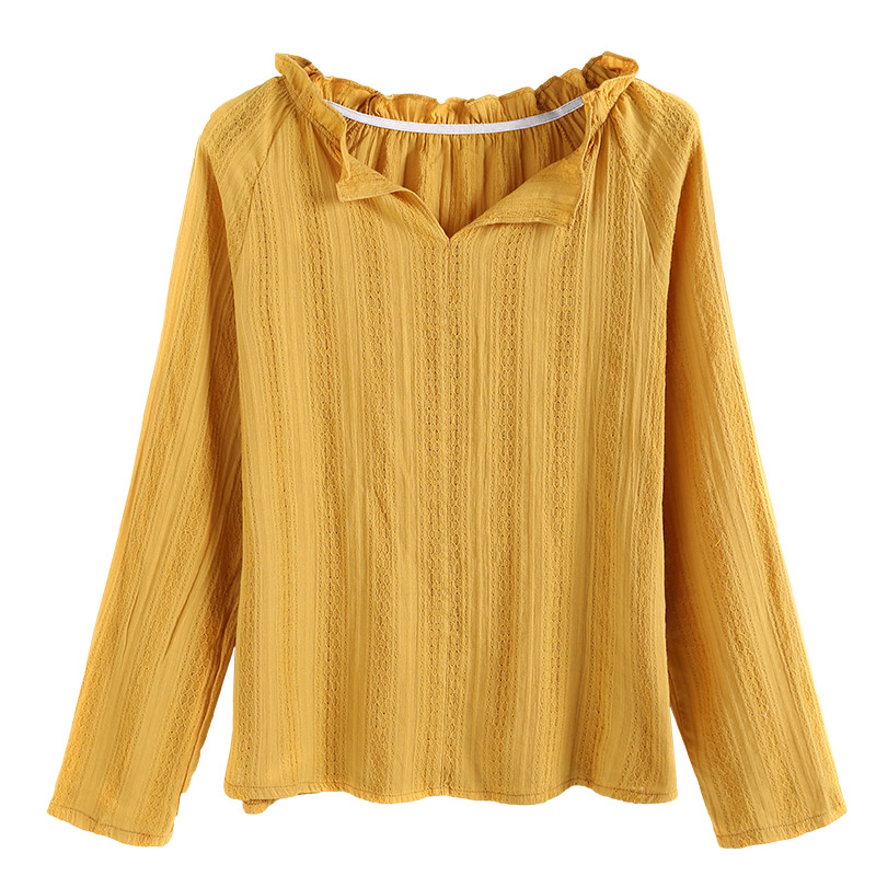 2018年初秋新款显瘦V领文艺简约百搭纯棉T恤长袖宽松上衣蕾丝衫潮