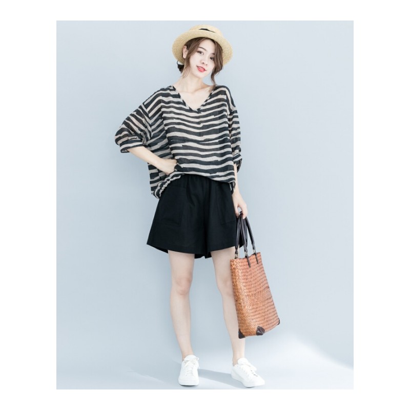 文艺休闲宽松随性条纹薄款T恤女V领大码女装200斤胖妹妹夏装上衣