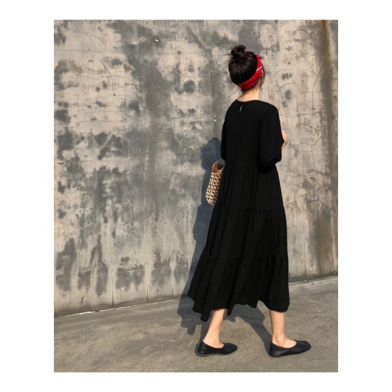 夏装女装2018新款韩版中长款七分袖黑色针织连衣裙显瘦学生长裙潮黑色长款均码