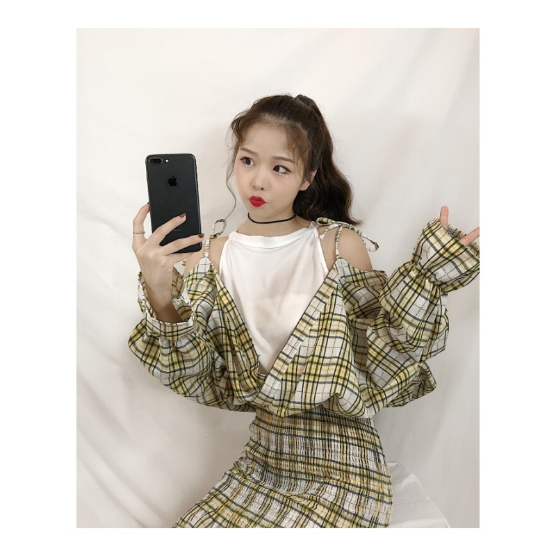 夏季女装韩版中长款带拼接格子裙假两件长袖显瘦露肩衬衫连衣裙浅蓝色均码